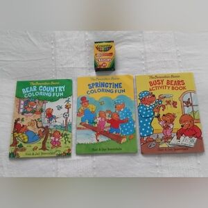 NWT (3) The Berenstain Bears Activity & Coloring Books & A Box of Crayons